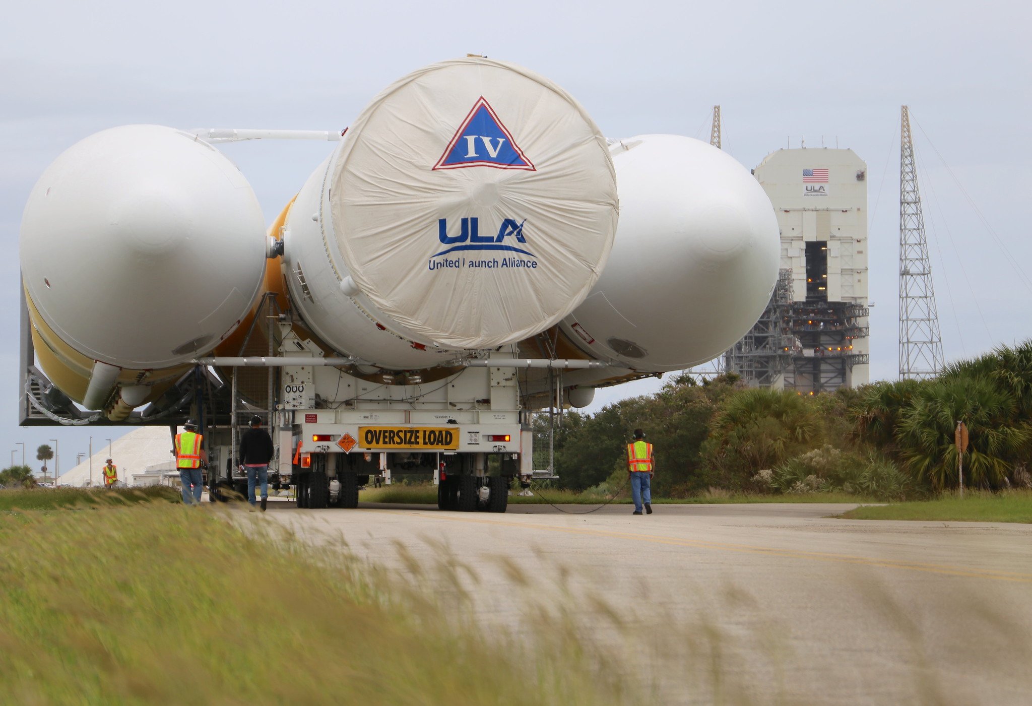 A Delta IV Heavy rocket is transported from the Horizontal Integration Facility to Space Launch Complex-37. Photo by United Launch Alliance