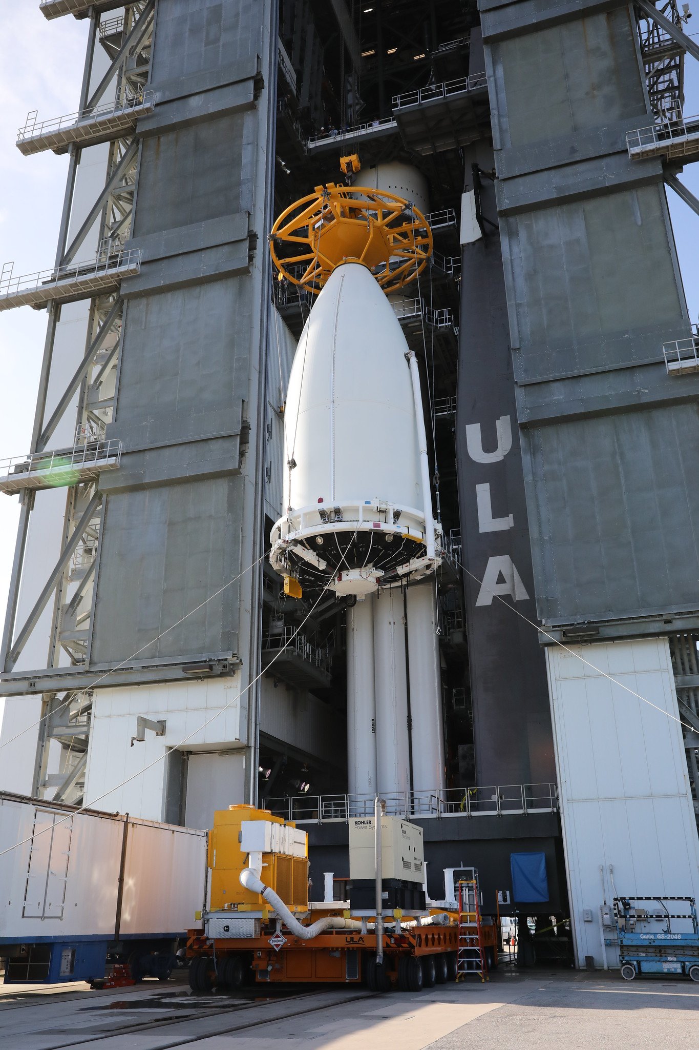 AEHF-6 is lifted into VIF for attachment to Atlas V. Photo by United Launch Alliance