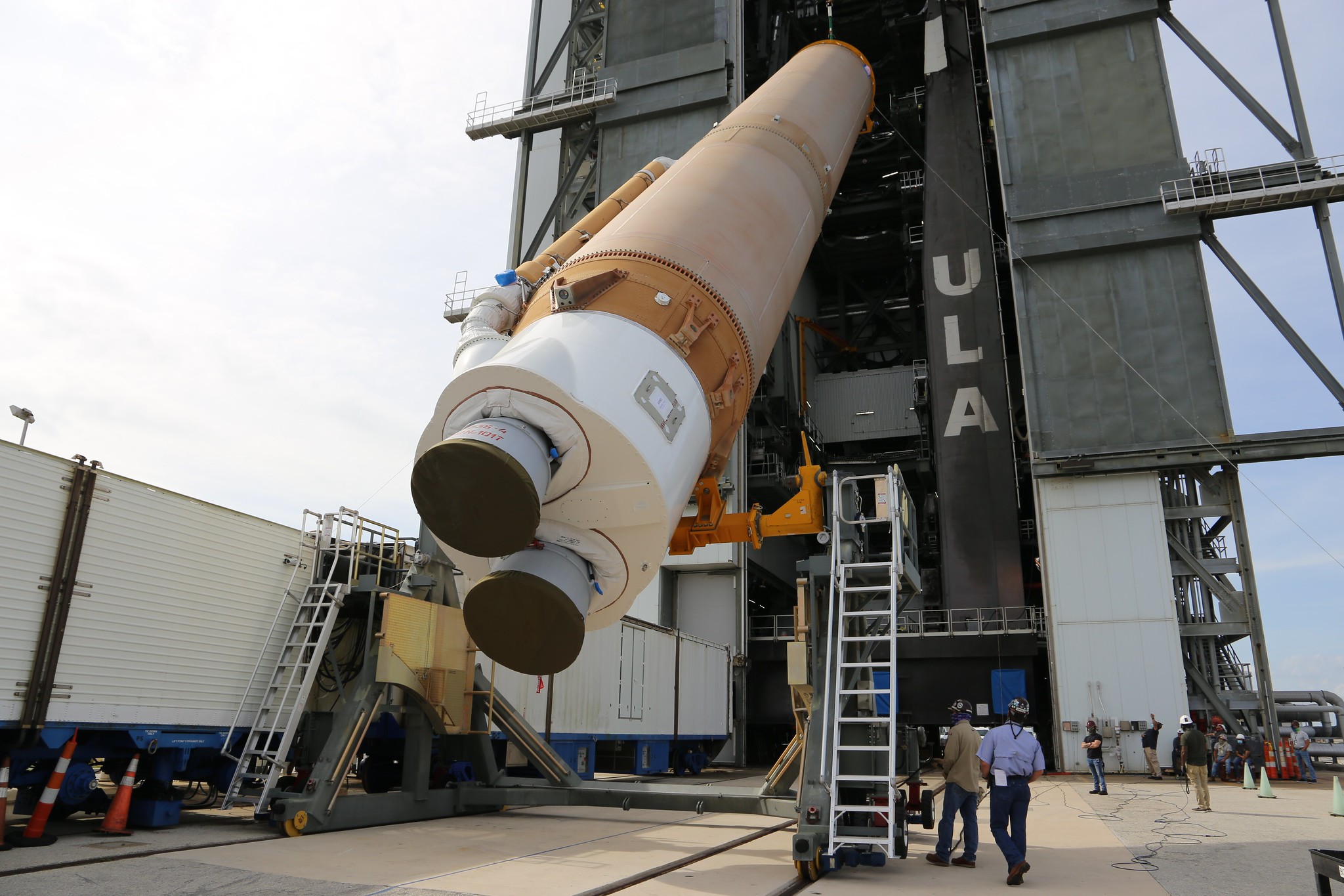 The Atlas V first stage pivots upright. Photo by United Launch Alliance