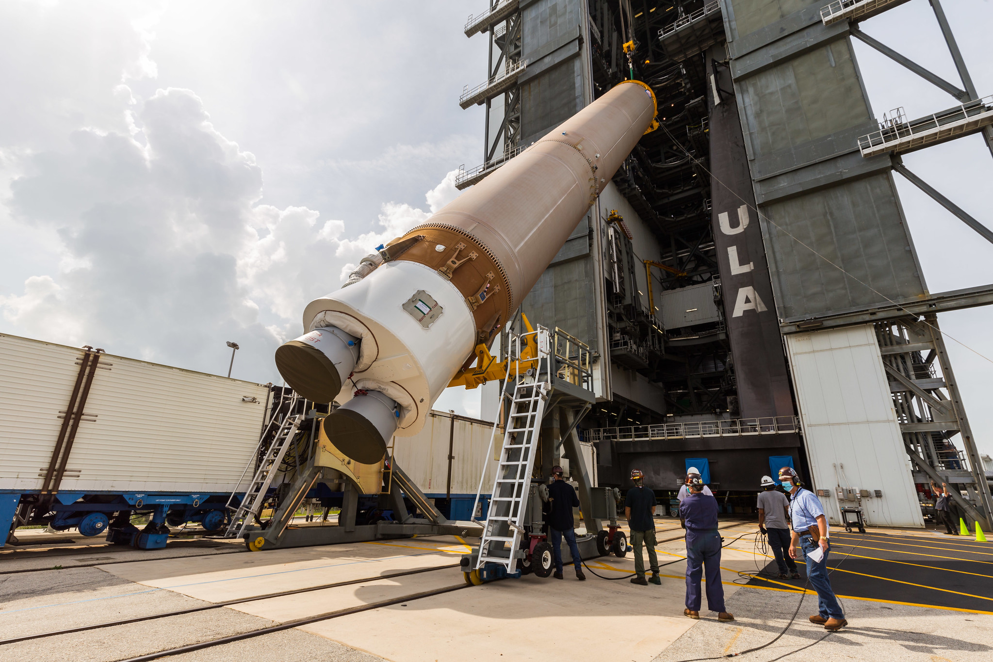 The Atlas V first stage goes vertical at the VIF. Photo by United Launch Alliance