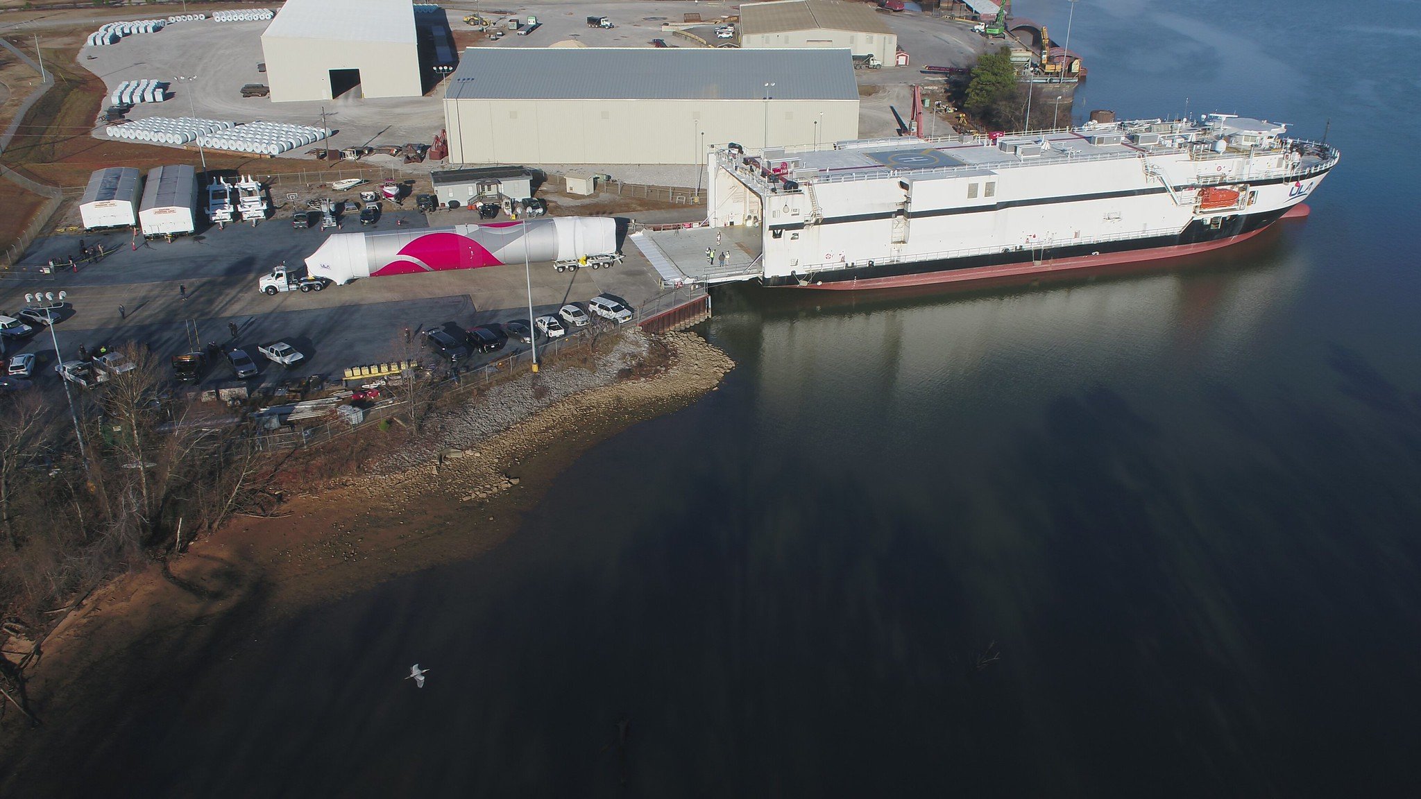 The Vulcan first stage is loaded onto RocketShip at the Decatur dock. Photo by United Launch Alliance