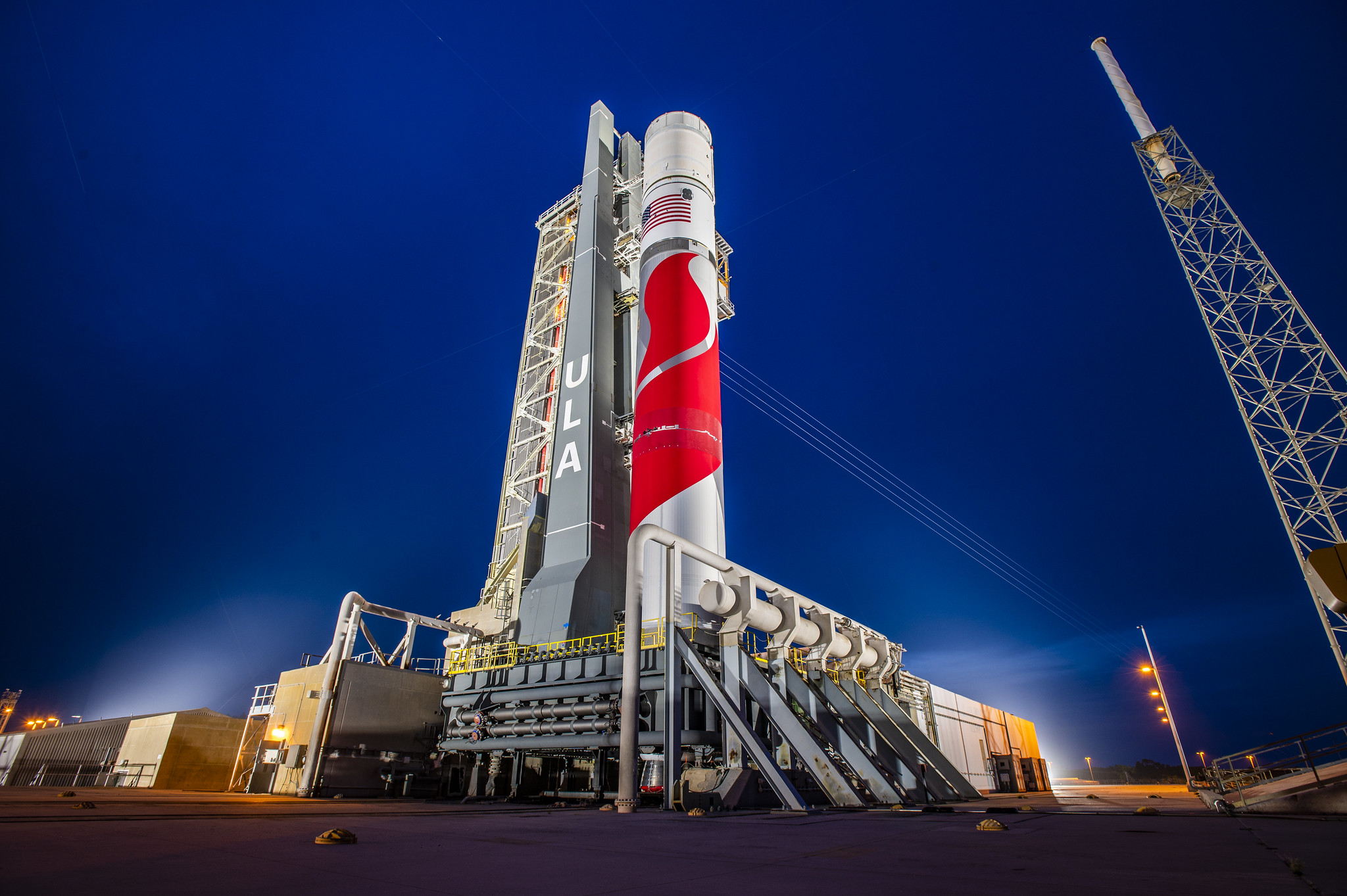 The Vulcan rocket sits atop Space Launch Complex-41 ahead of the Flight Readiness Firing (FRF). Photo credit: United Launch Alliance