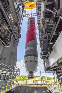 The Vulcan first stage is hoisted into VIF-G. Photo by United Launch Alliance