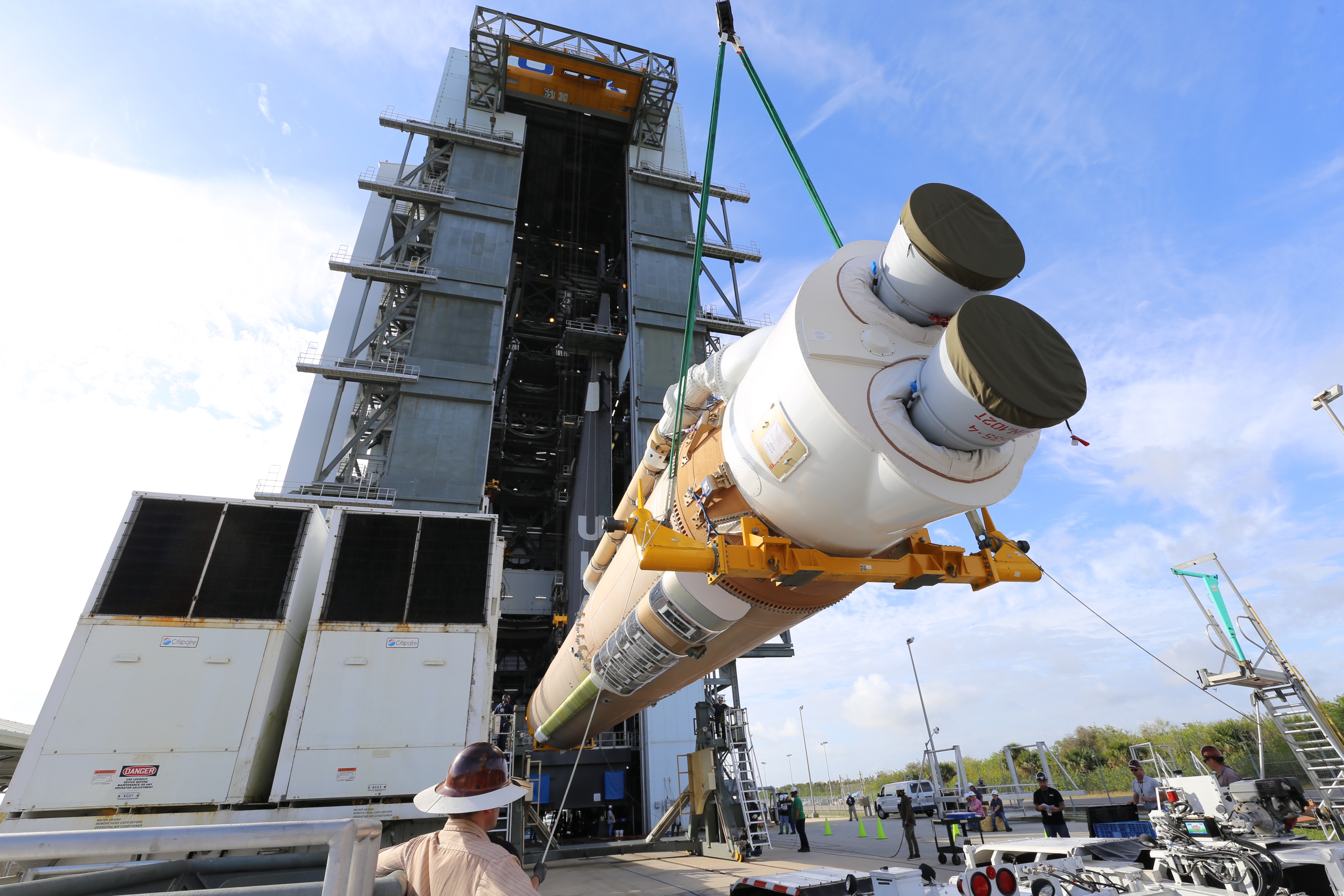 The first stage is lifted for Launch Vehicle on Stand (LVOS). Photo by United Launch Alliance