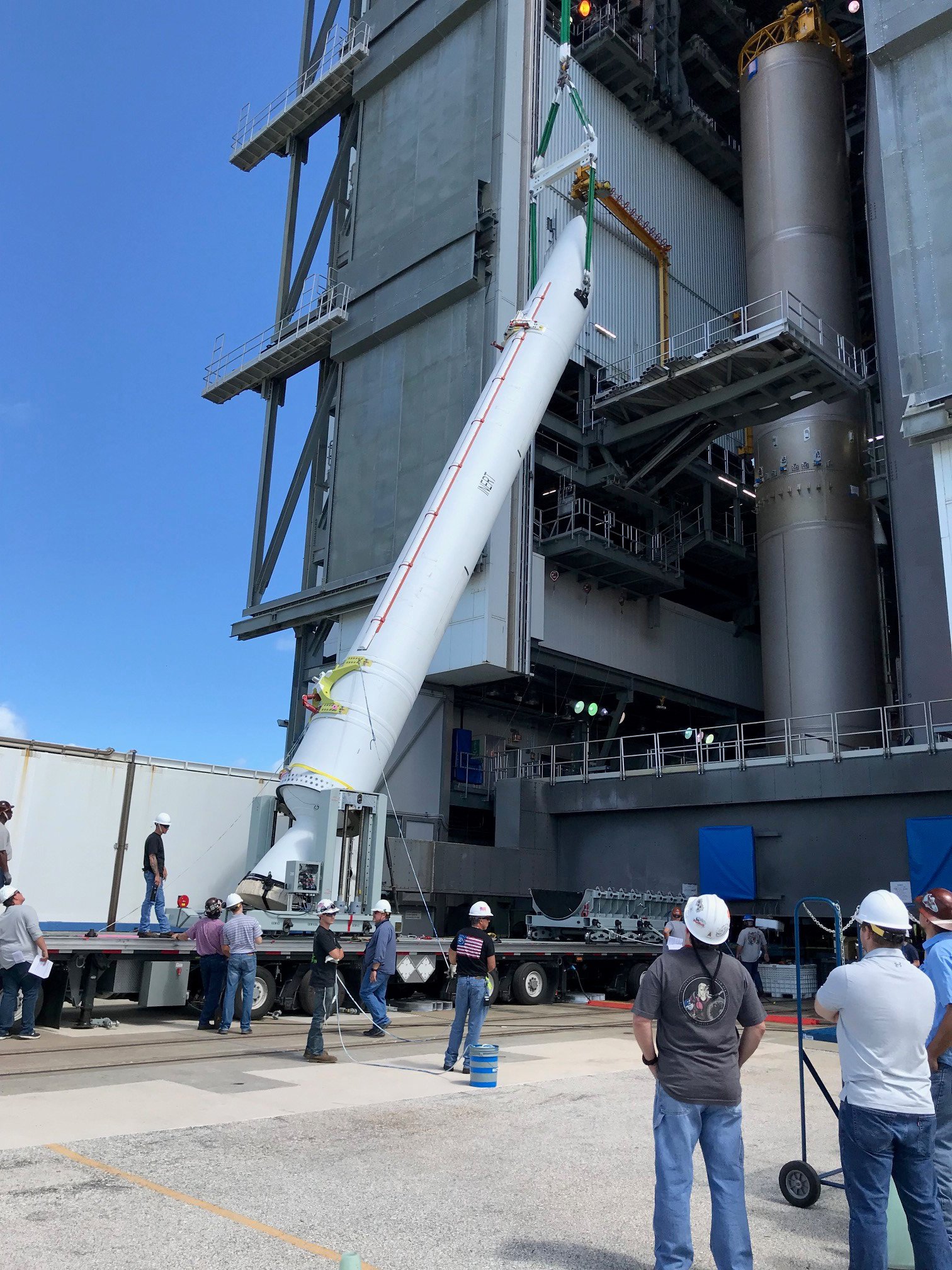 The GEM-63 Solid Rocket Booster Pathfinder is hoisted at Space Launch Complex-41. Photo Credit: United Launch Alliance