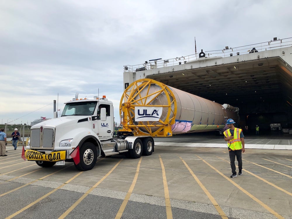 The Atlas V first stage emerges from R/S RocketShip. Photo by United Launch Alliance 