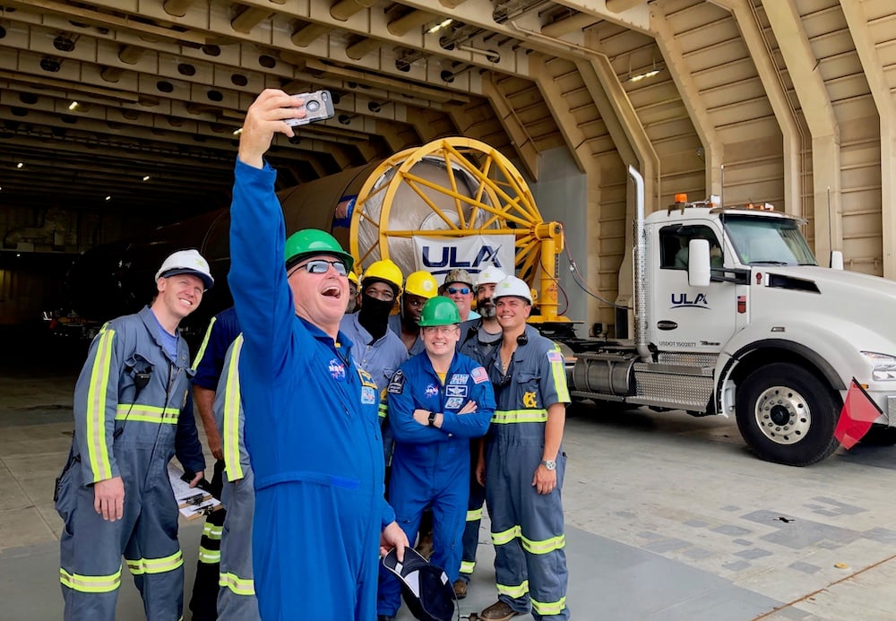 NASA Commercial Crew Starliner Astronauts Barry “Butch” Wilmore and Mike Fincke stop for a selfie with the R/S RocketShip crew. Photo by United Launch Alliance 