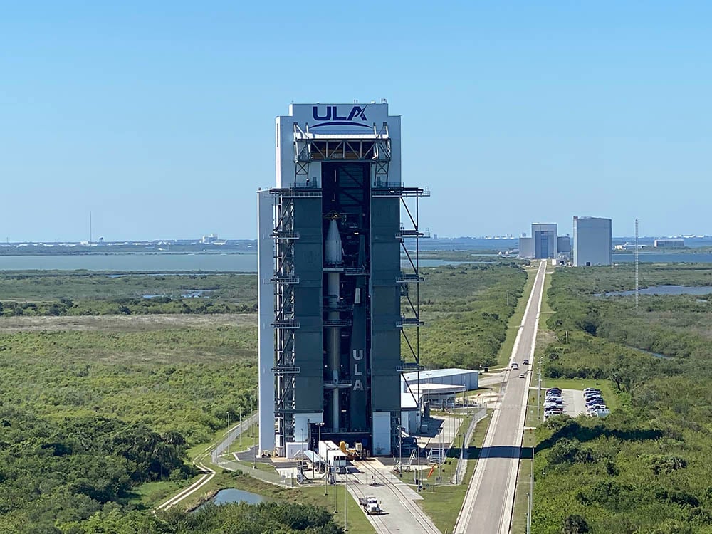 The SBIRS GEO Flight 5 satellite is mated atop the ULA Atlas V rocket at the Vertical Integration Facility adjacent to the Space Launch Complex-41 pad at Cape Canaveral Space Force, Florida. Photo by United Launch Alliance 