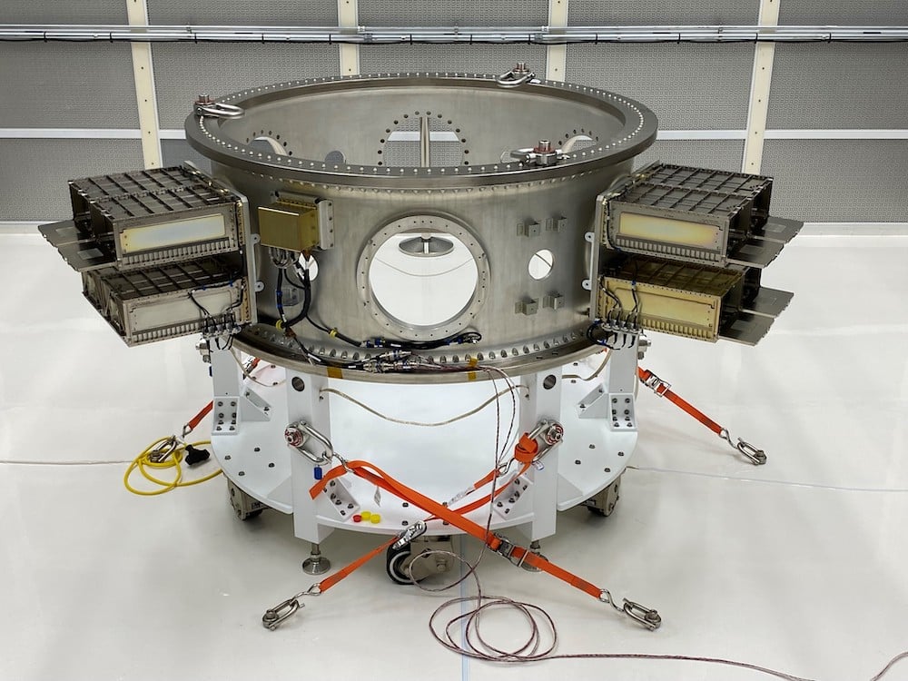 The EFS for NASA’s Landsat 9 observatory being processed inside the Integrated Processing Facility at Vandenberg Space Force Base in California. Photo by NASA