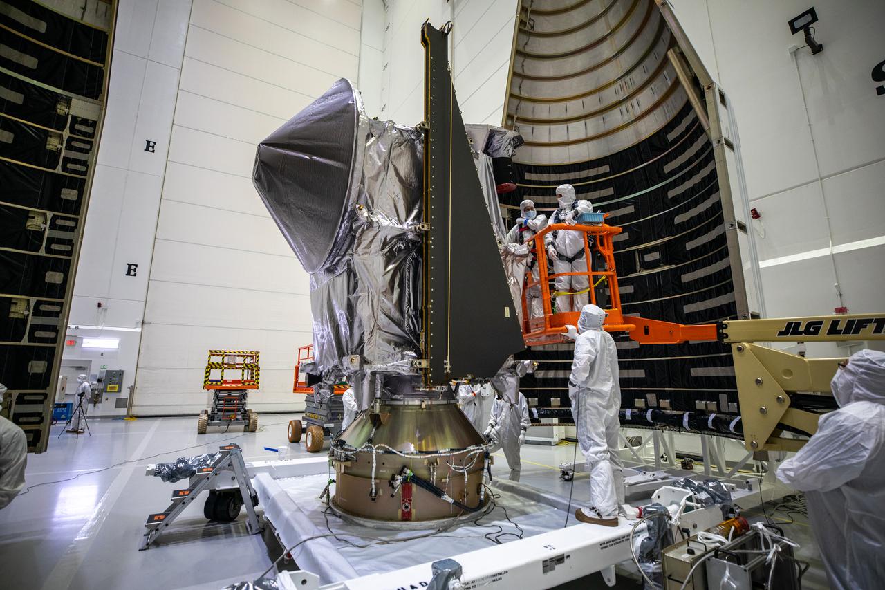 Lucy sits atop its payload adapter as seen here before encapsulation in the payload fairing. Photo by NASA