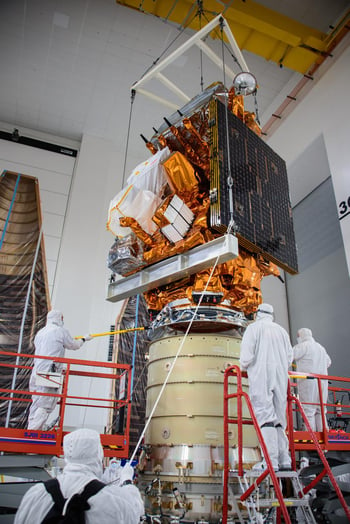 JPSS-2 is mounted atop the LOFTID canister before encapsulation. Photo by U.S. Space Force