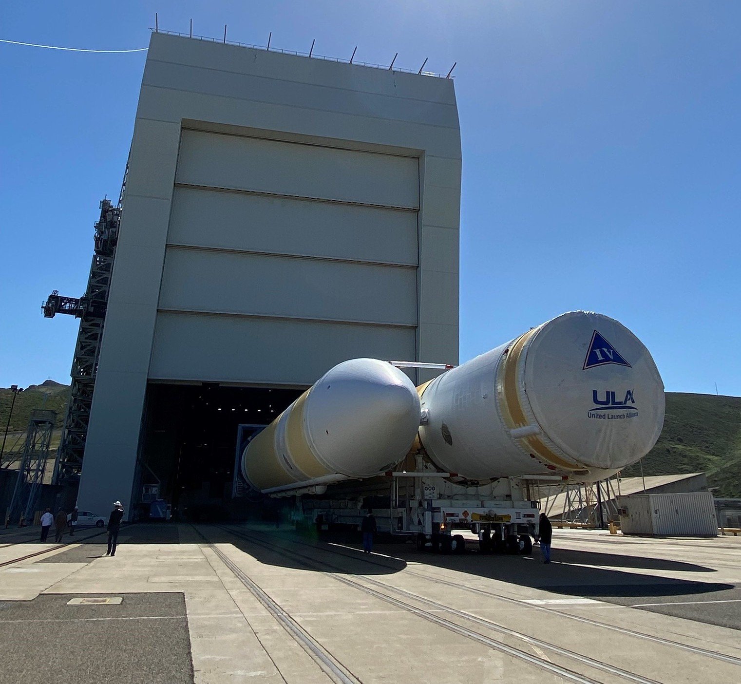The Delta IV Heavy rocket is transported the SLC-6 pad. Photo by United Launch Alliance