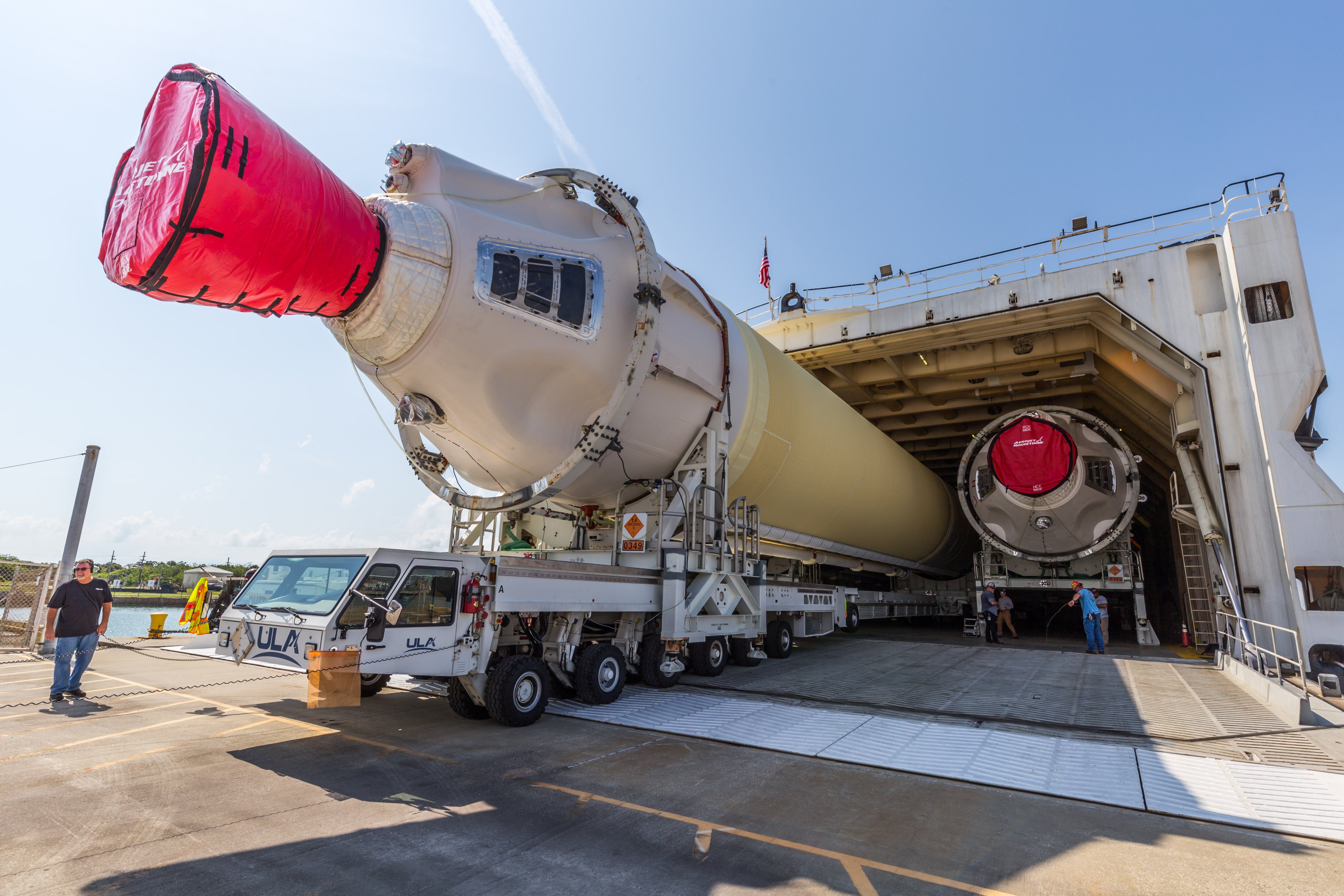 The Delta IV Heavy emerges from RocketShip at Port Canaveral. Photo by United Launch Alliance