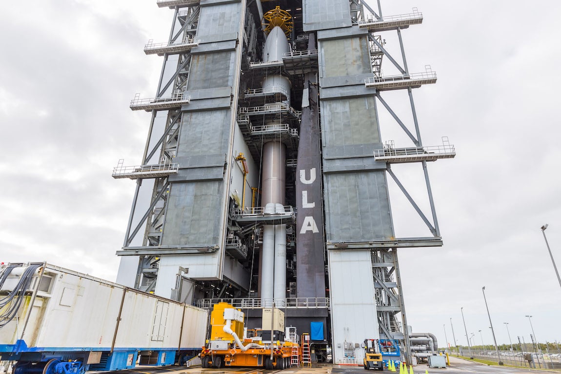 The payload and launch vehicle were stacked Feb. 17 at the Vertical Integration Facility. Photo by United Launch Alliance