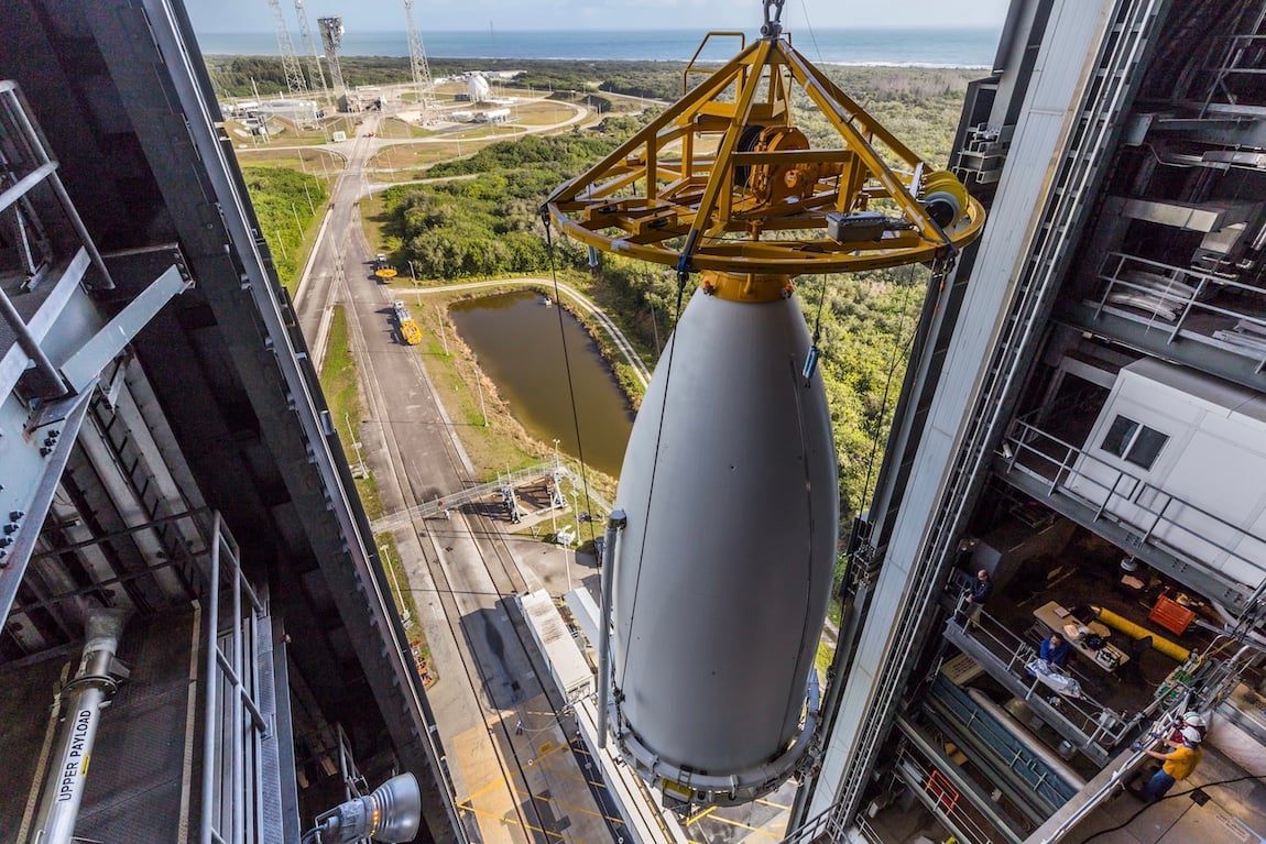 NOAA's GOES-T is hoisted atop the Atlas V rocket. Photo by United Launch Alliance