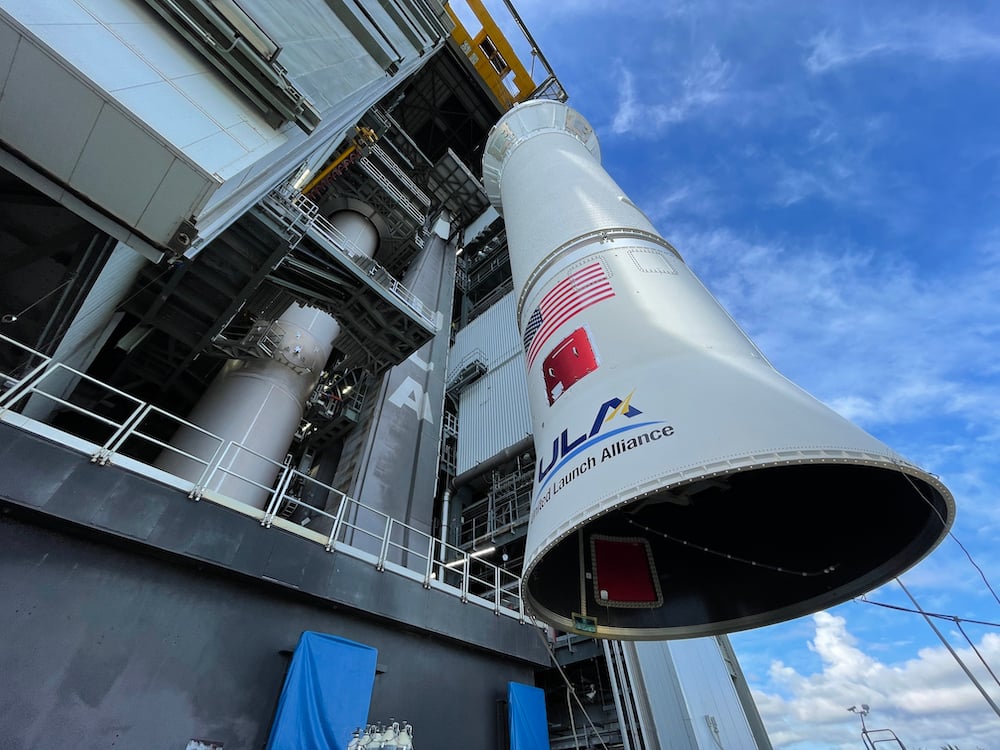 The upper stage is hoisted atop the first stage at the Vertical Integration Facility (VIF). Photo by United Launch Alliance