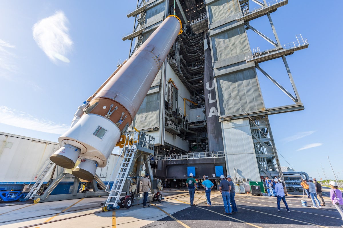 The Atlas V first stage is maneuvered into the VIF. Photo by United Launch Alliance