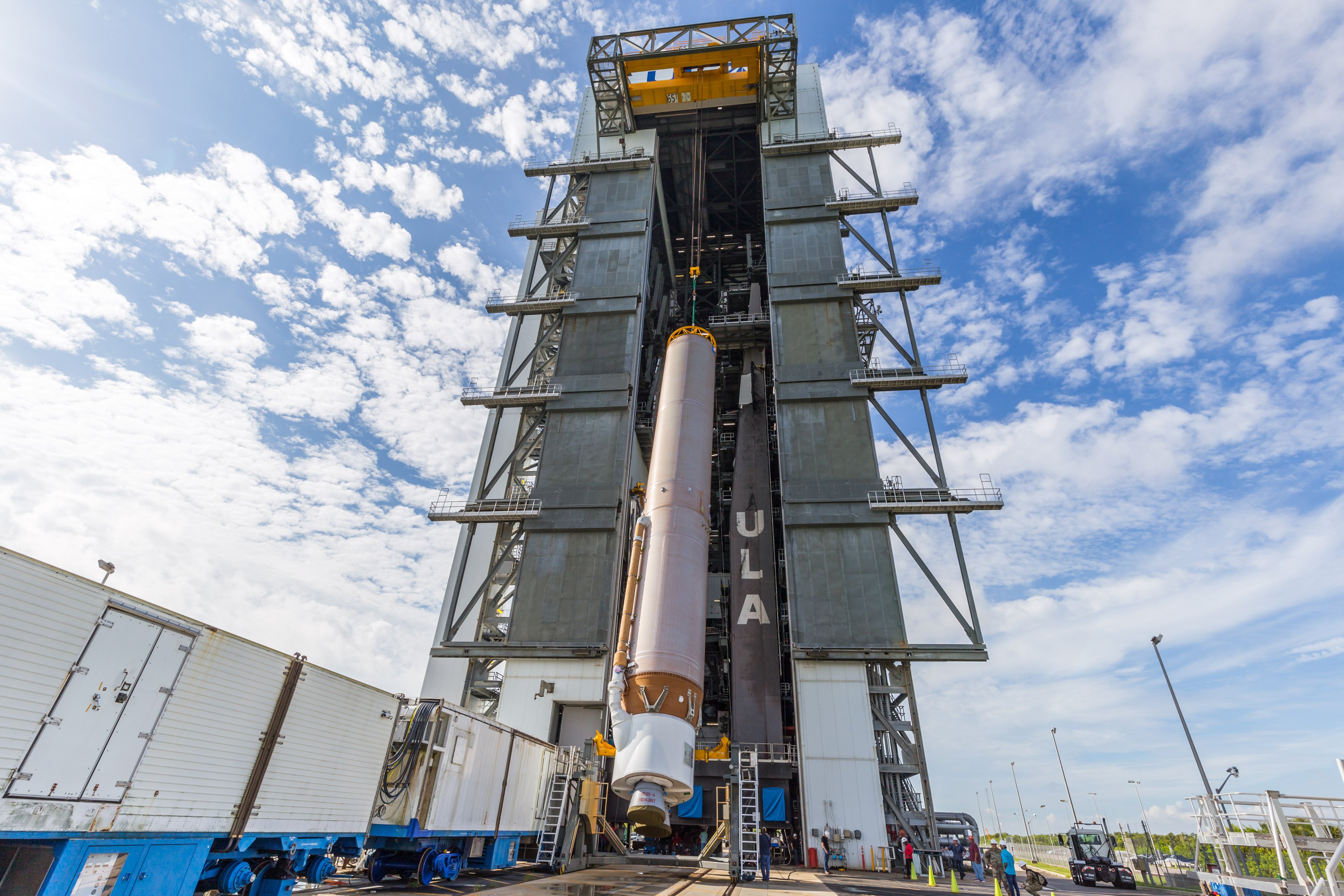The. Atlas V first stage goes vertical for the SES mission. Photo by United Launch Alliance
