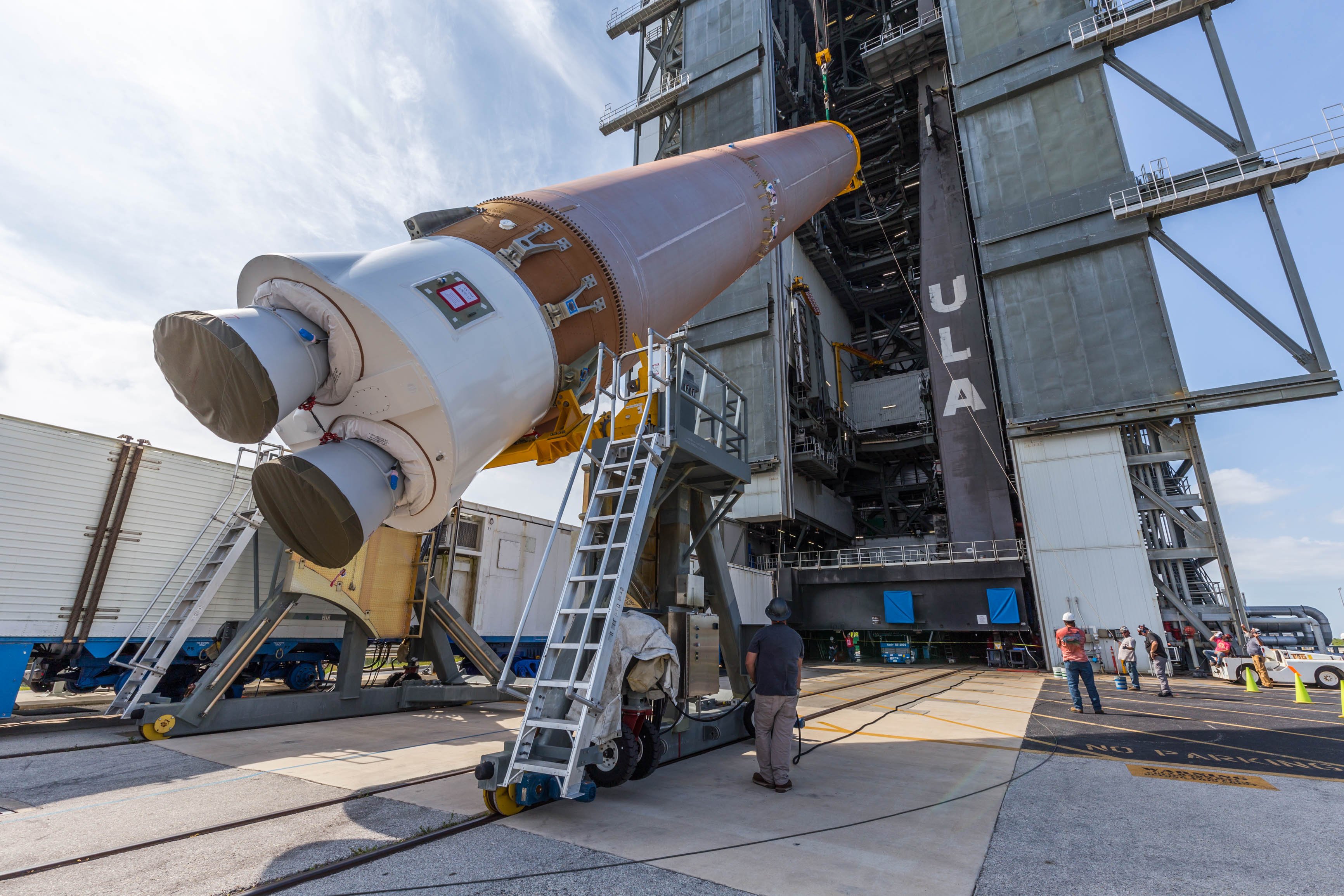 The Atlas V first stage for USSF-12 goes vertical. Photo by United Launch Alliance