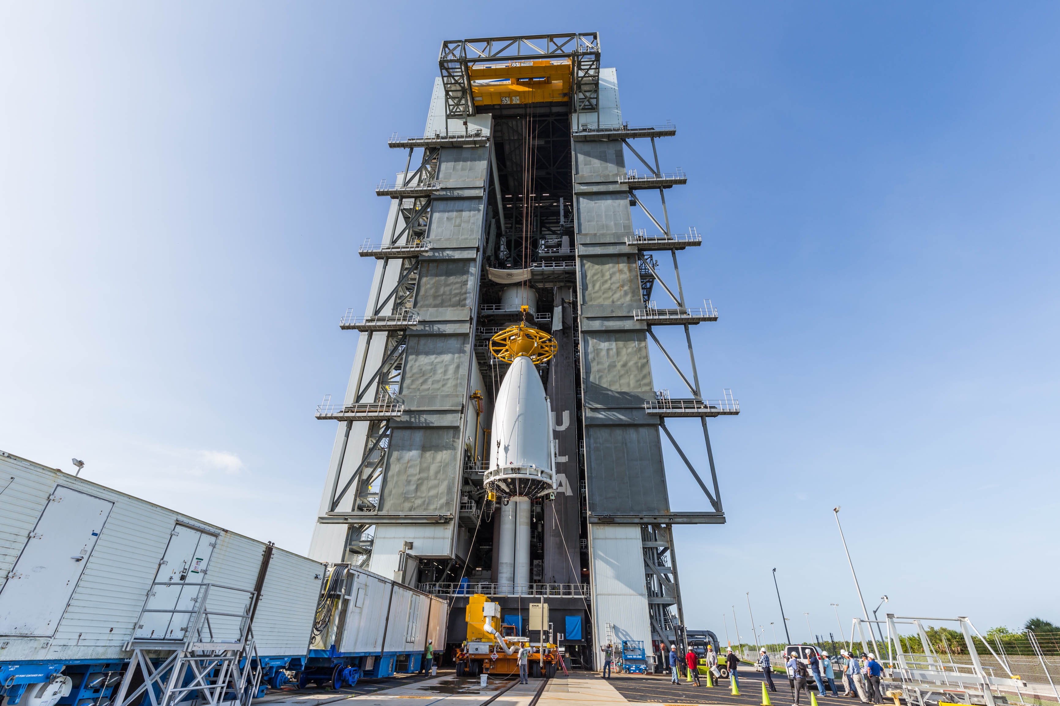 The USSF-12 payload is hoisted atop the Atlas V. Photo by United Launch Alliance