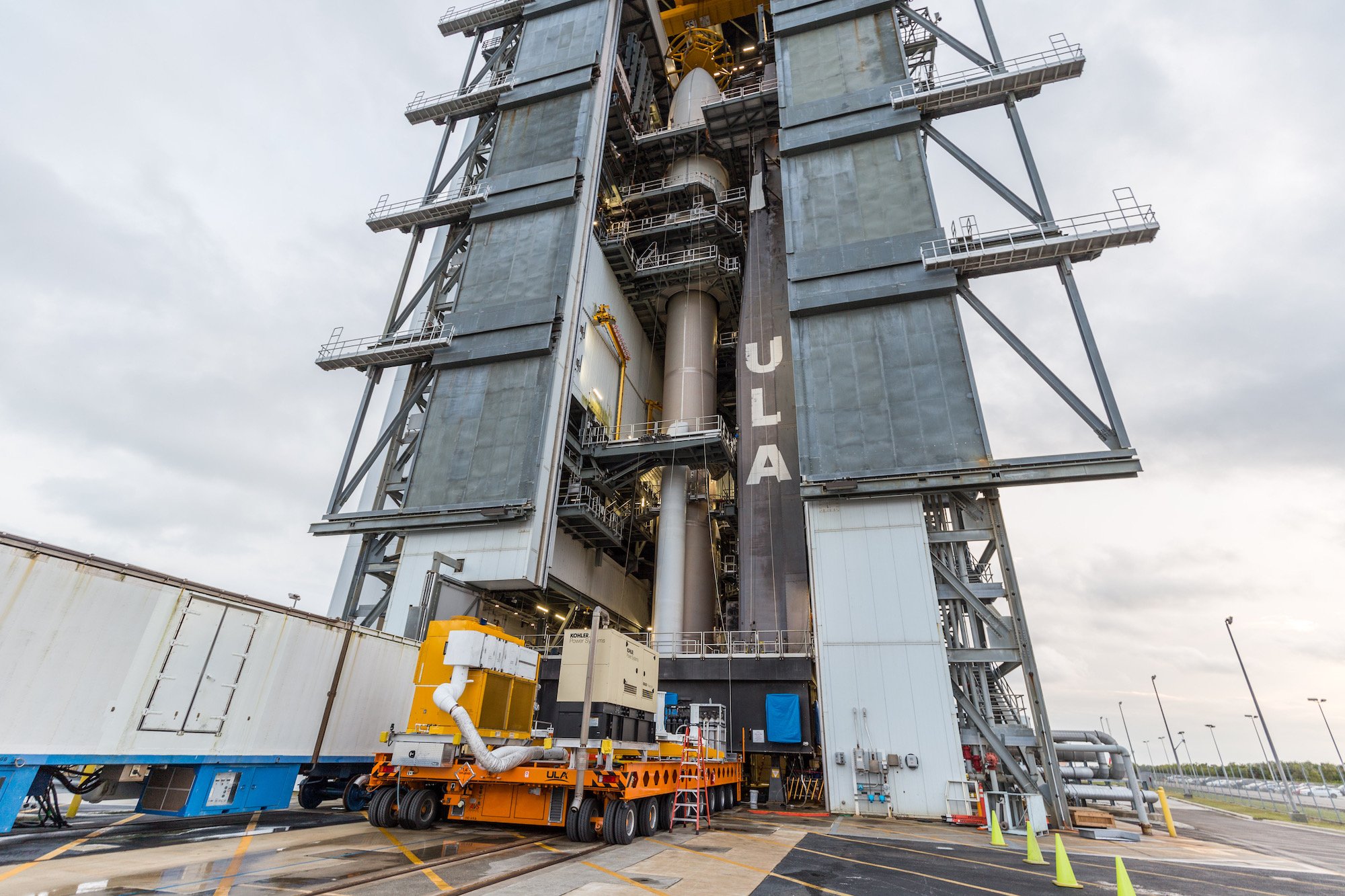 The Atlas V 511 rocket stands fully assembled for launch. Photo by United Launch Alliance