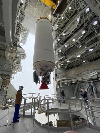 The Centaur upper stage is hoisted into the mobile service at SLC-3. Photo by United Launch Alliance