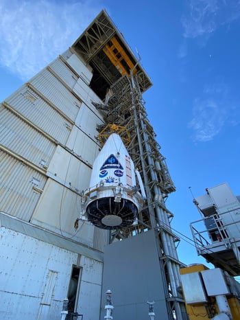 JPSS-2 and LOFTID are hoisted into the Mobile Service Tower at SLC-3. Photo by United Launch Alliance