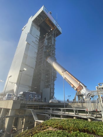 The Atlas V first stage goes vertical at SLC-3 to launch JPSS-2 and LOFTID. Photo by United Launch Alliance