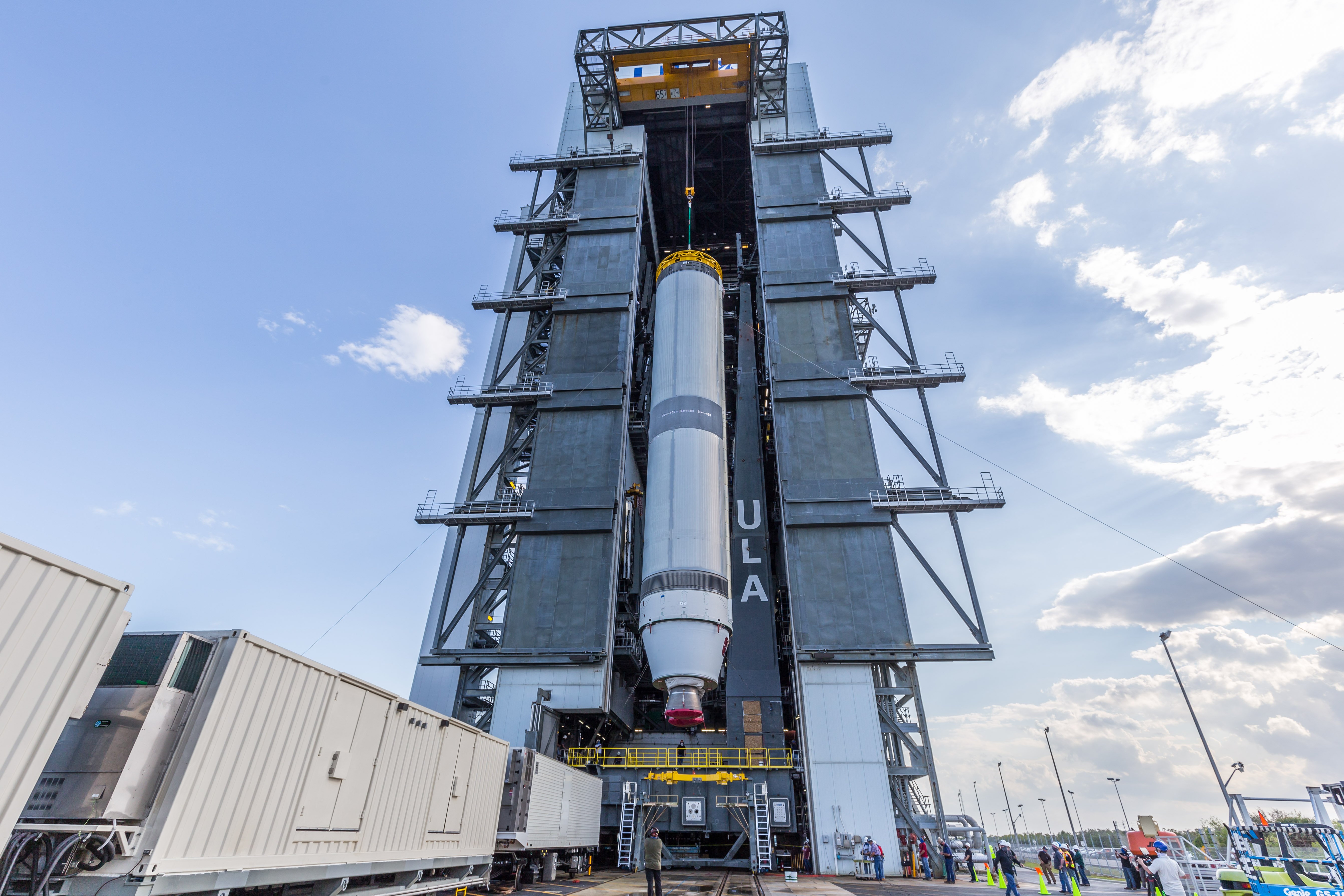 The PTT booster is hoisted onto the VLP. Photo by United Launch Alliance