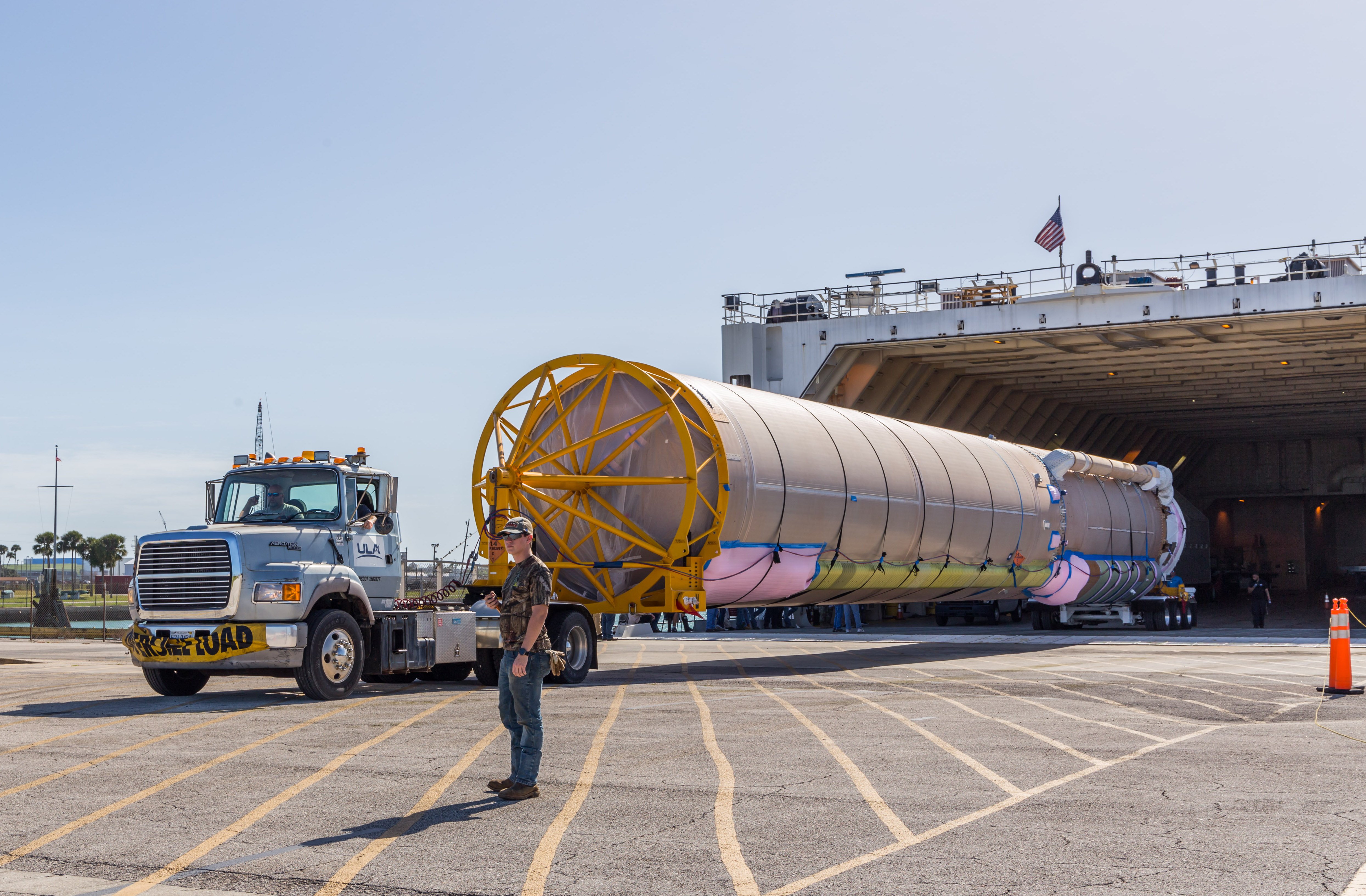 Atlas booster offloaded from RocketShip. Photo by United Launch Alliance