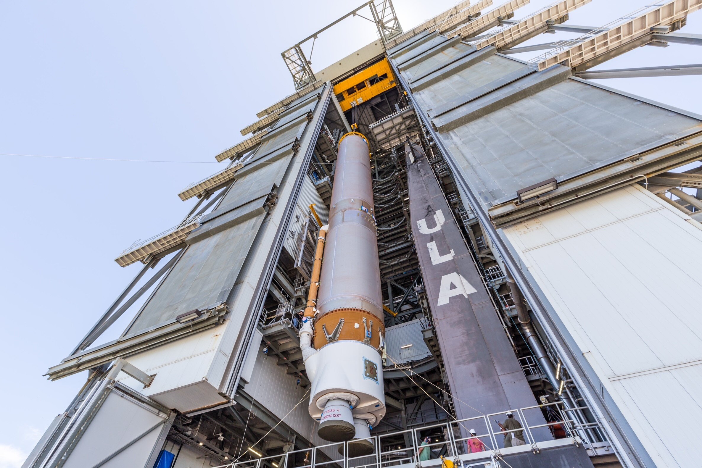 The Atlas V first stage is lifted into the VIF. Photo by United Launch Alliance