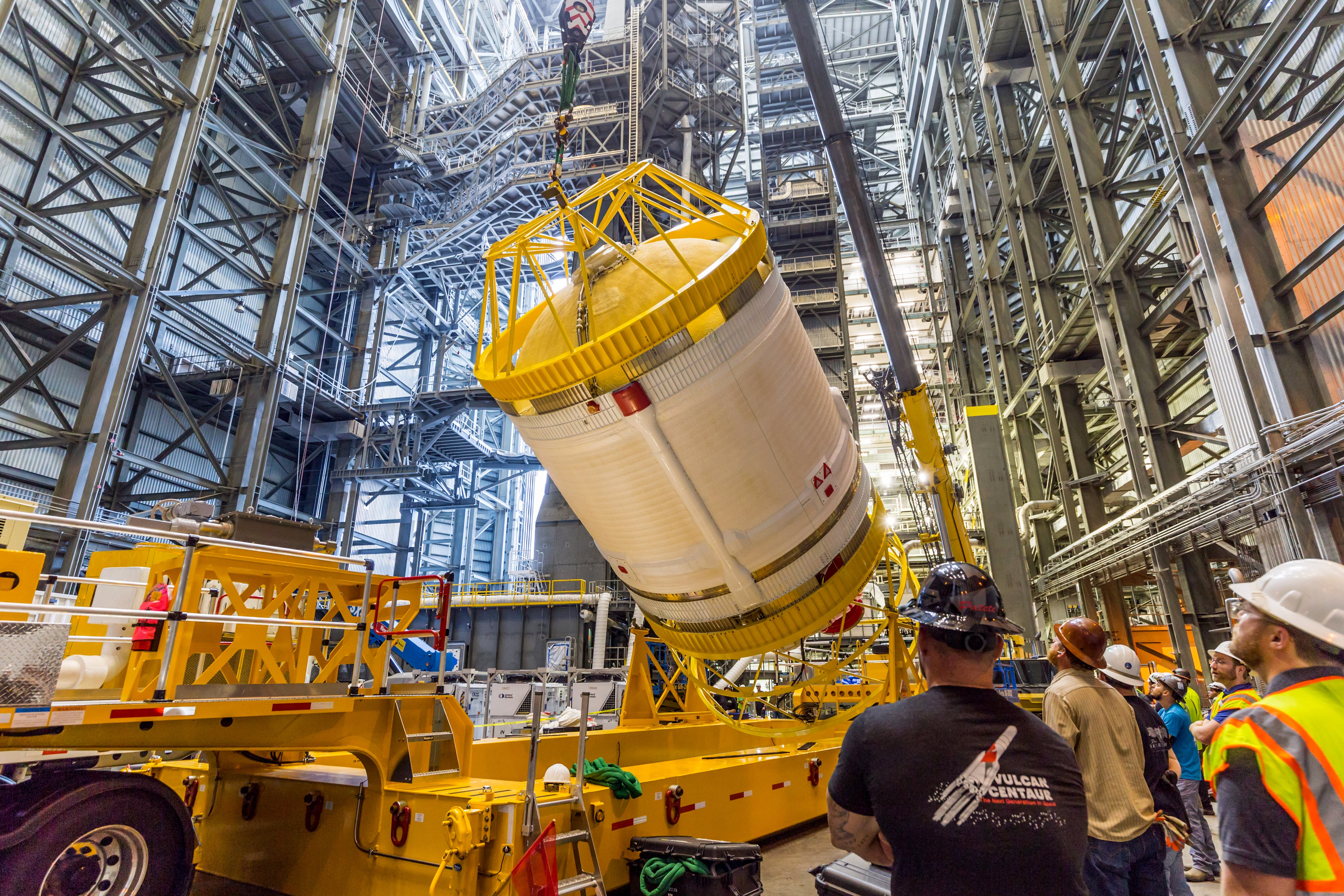 Centaur V is lifted from its transporter to begin stacking operations at VIF-A. Photo by United Launch Alliance