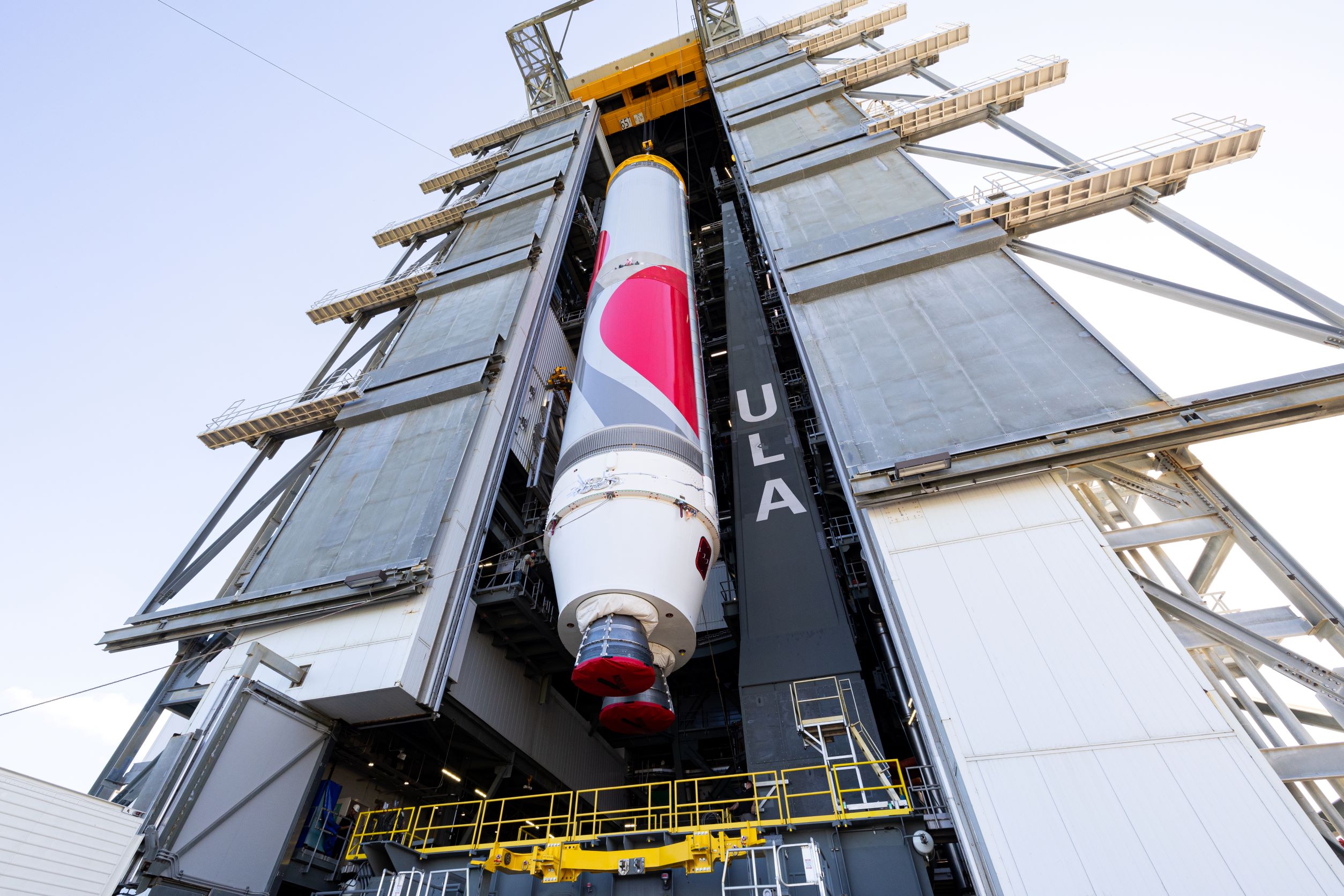 The Vulcan first stage is hoisted into the VIF. Photo by United Launch Alliance